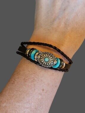 Western Boho Turquoise Color Accent Faux Braided Leather Bracelet